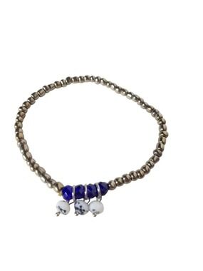 Metallic Seed Bead Bracelet Blue Crystal Spotted Ceramic Dangles